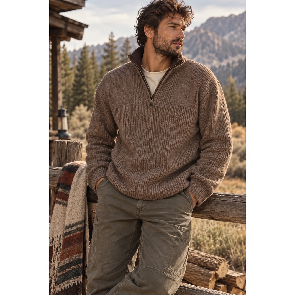 LL Bean Mens Merino Lambswool Gore-Tex Windstopper 1/4 Zip Sweater Brown M-Reg